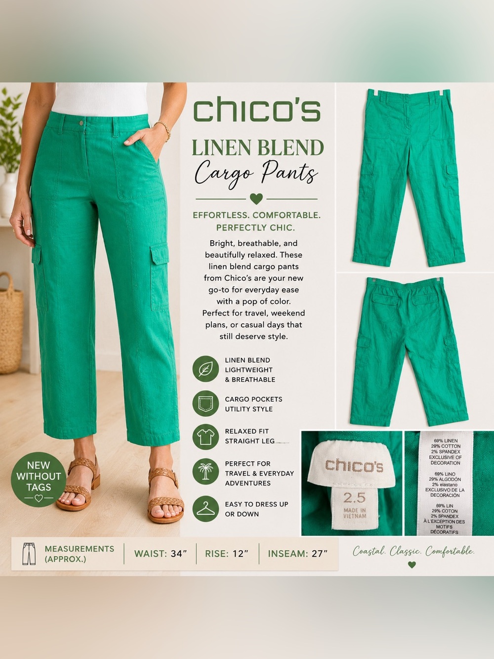 Chico’s Green Linen Blend Cargo Cropped Pants Women’s Size 2.5 (US 14)